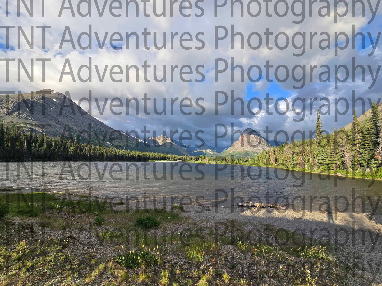 Lake surrounded by mountains and trees in the morning (Digital Download)